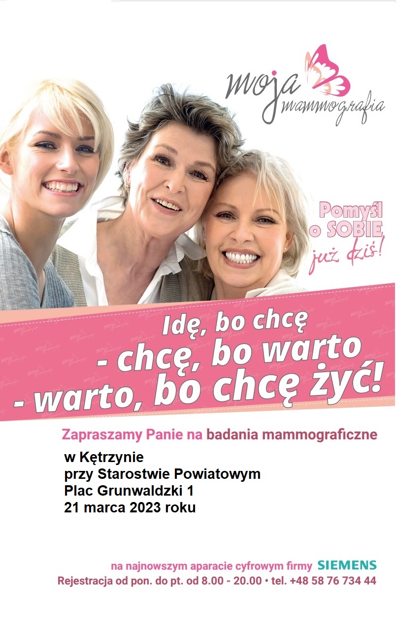 Zdjęcie przedstawia plakat zapraszający na bezpłatną mammografię.