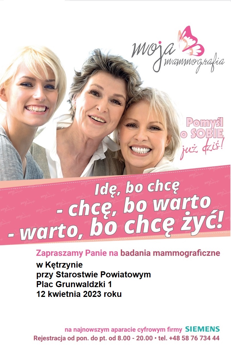 zdjęcie przedstawia plakat zachęcający do wzięcia udziału w bezpłatnej mammografii