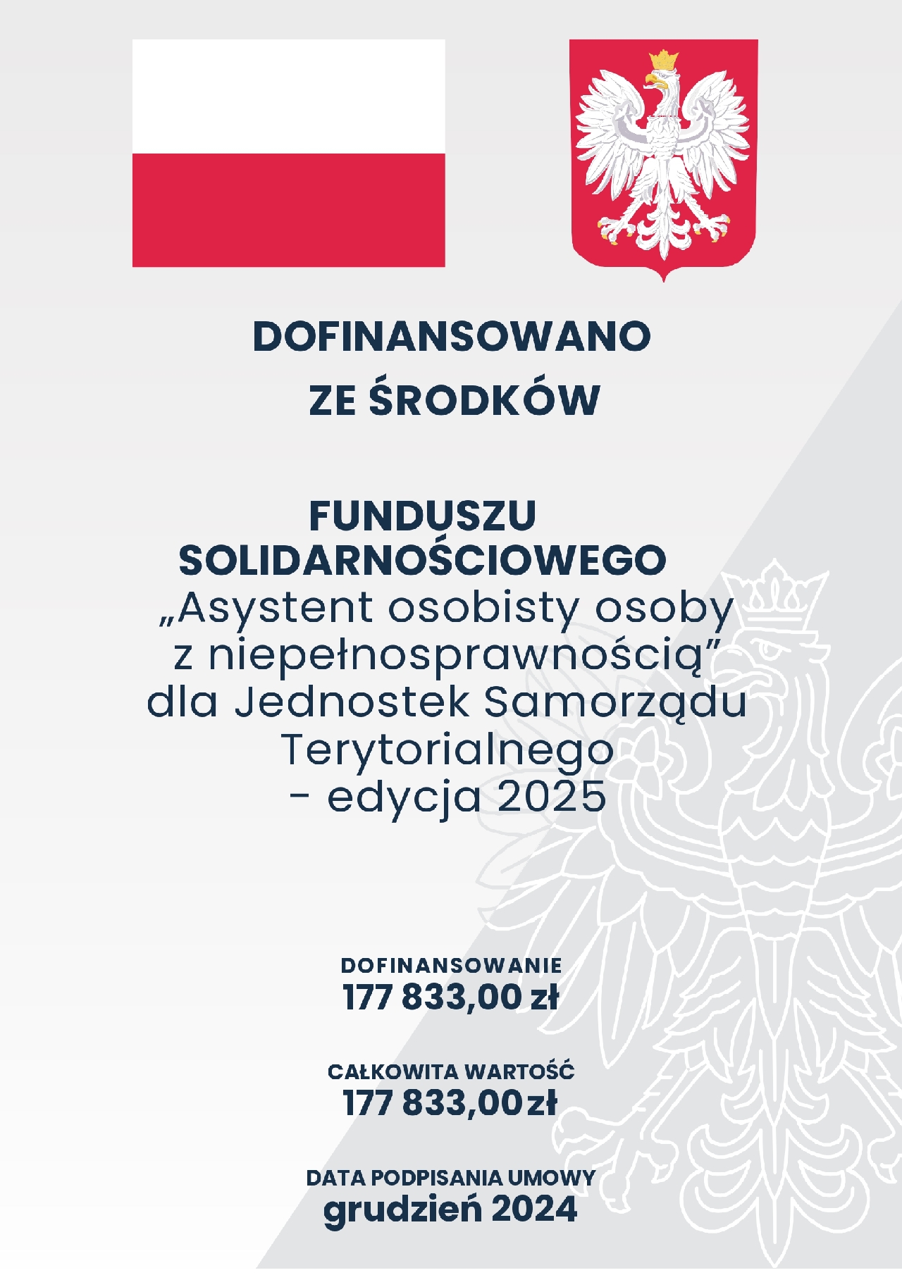 Plakat informujący o dofinansowaniu ze środków funduszu solidarnościowego Asystent osobisty osoby z niepełnosprawnością dla Jednostek Samorządu Terytorialnego - edycja 2025