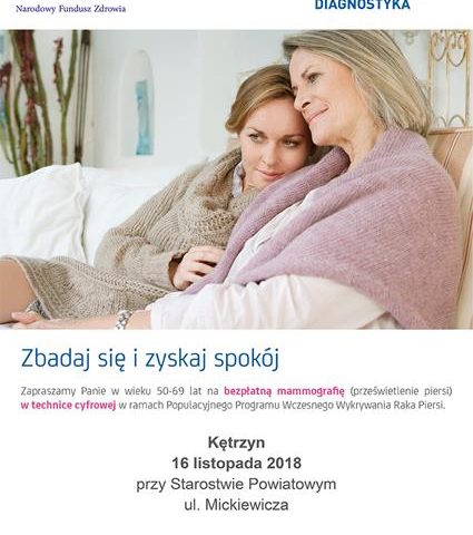 Bezpłatne badania mammograficzne – Kętrzyn 16.11.2018r. przy Starostwie Powiatowym w Kętrzynie