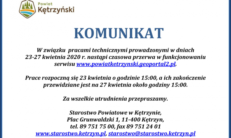 Komunikat w sprawie funkcjonowania serwisu geoportal powiatu kętrzyńskiego