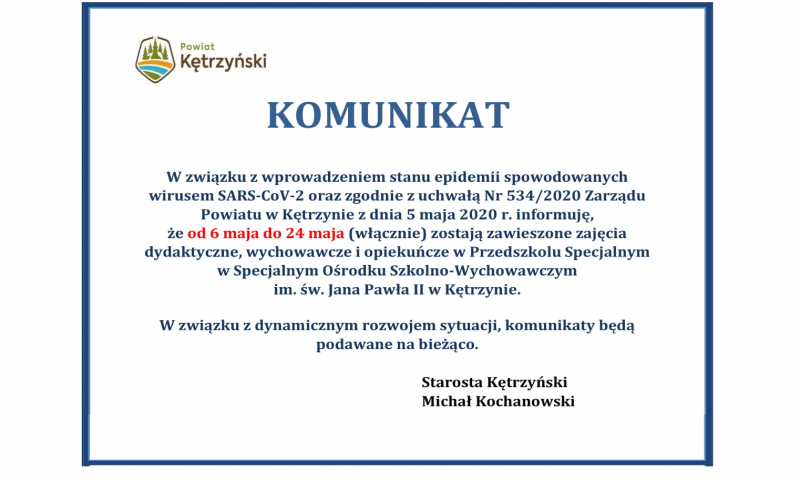 Ważny komunikat w sprawie funkcjonowania przedszkola specjalnego