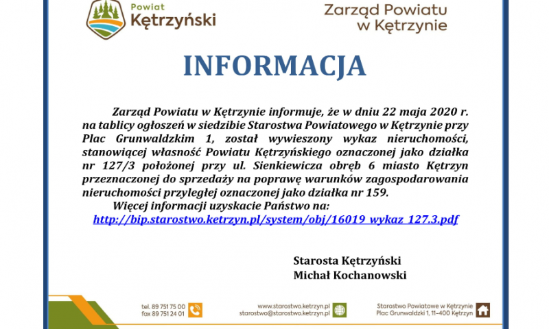 Informacja Zarządu Powiatu  w Kętrzynie